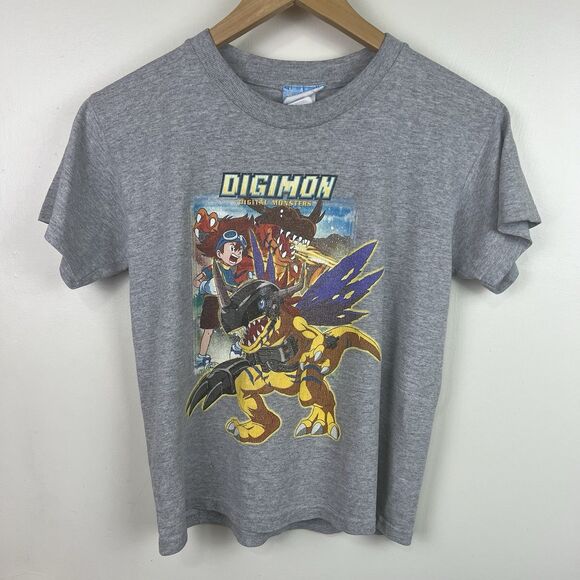 VIntage Digimon Y2K Digital Monsters Anime Gray Shirt Youth Sz Small - Picture 1 of 10